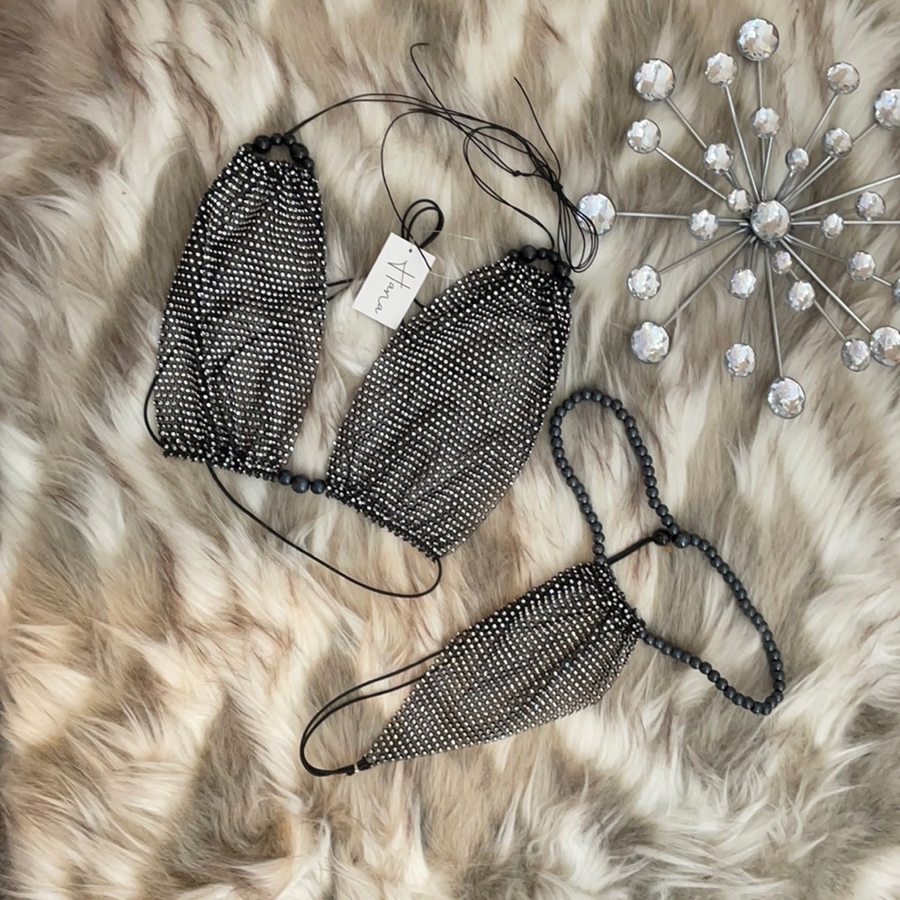 Sexy black diamanté thong bikini new with tags. Has black pearl details.